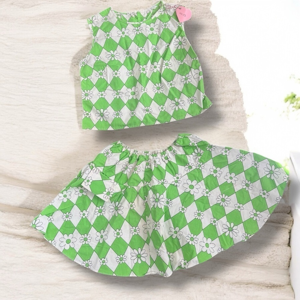 Vintage handmade Green and White Floral Argyle Top and Skirt Set M 70s bohemian